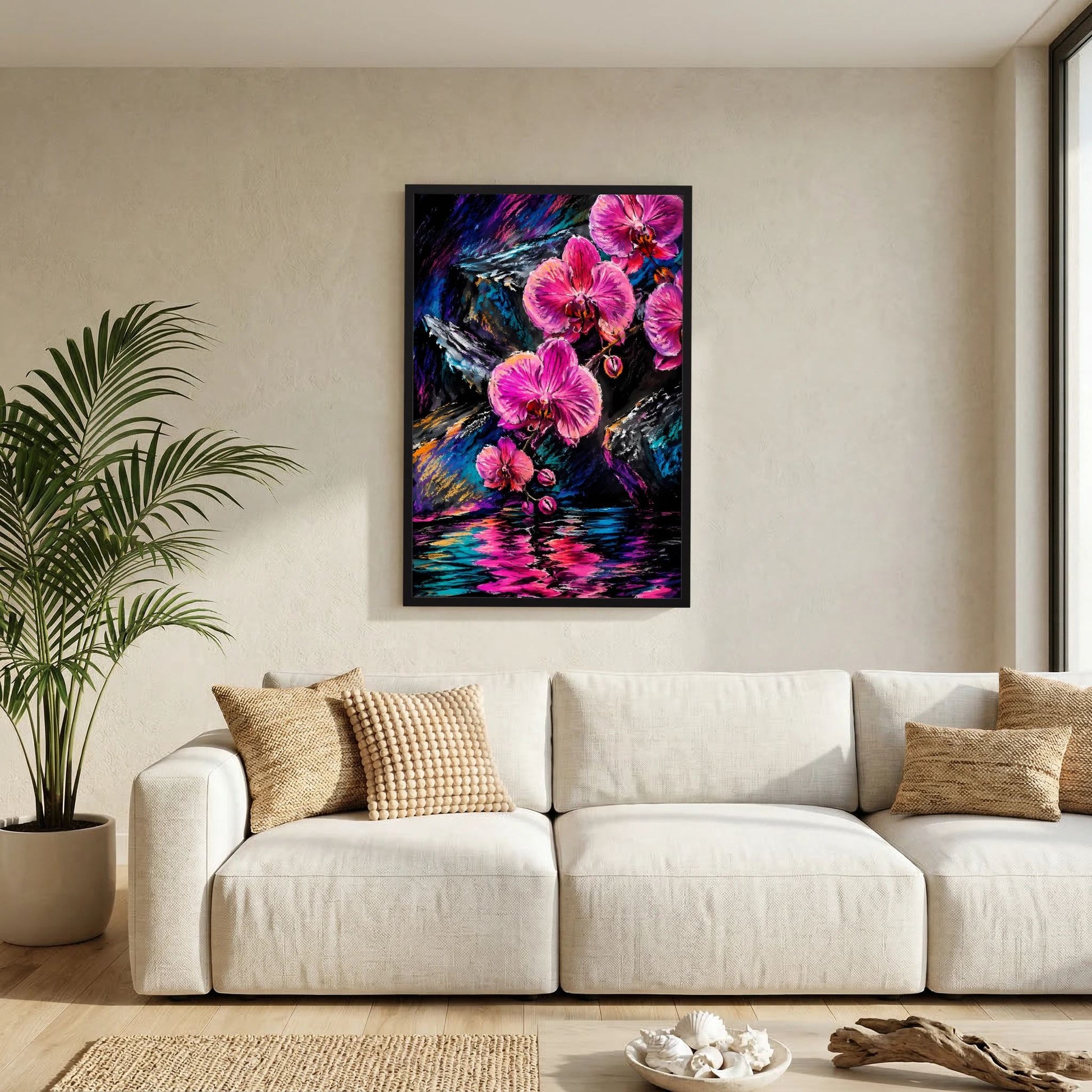 Abstraktes Orchideen-Poster mit pinken Blüten und Farbverlauf, schwarzer Rahmen.