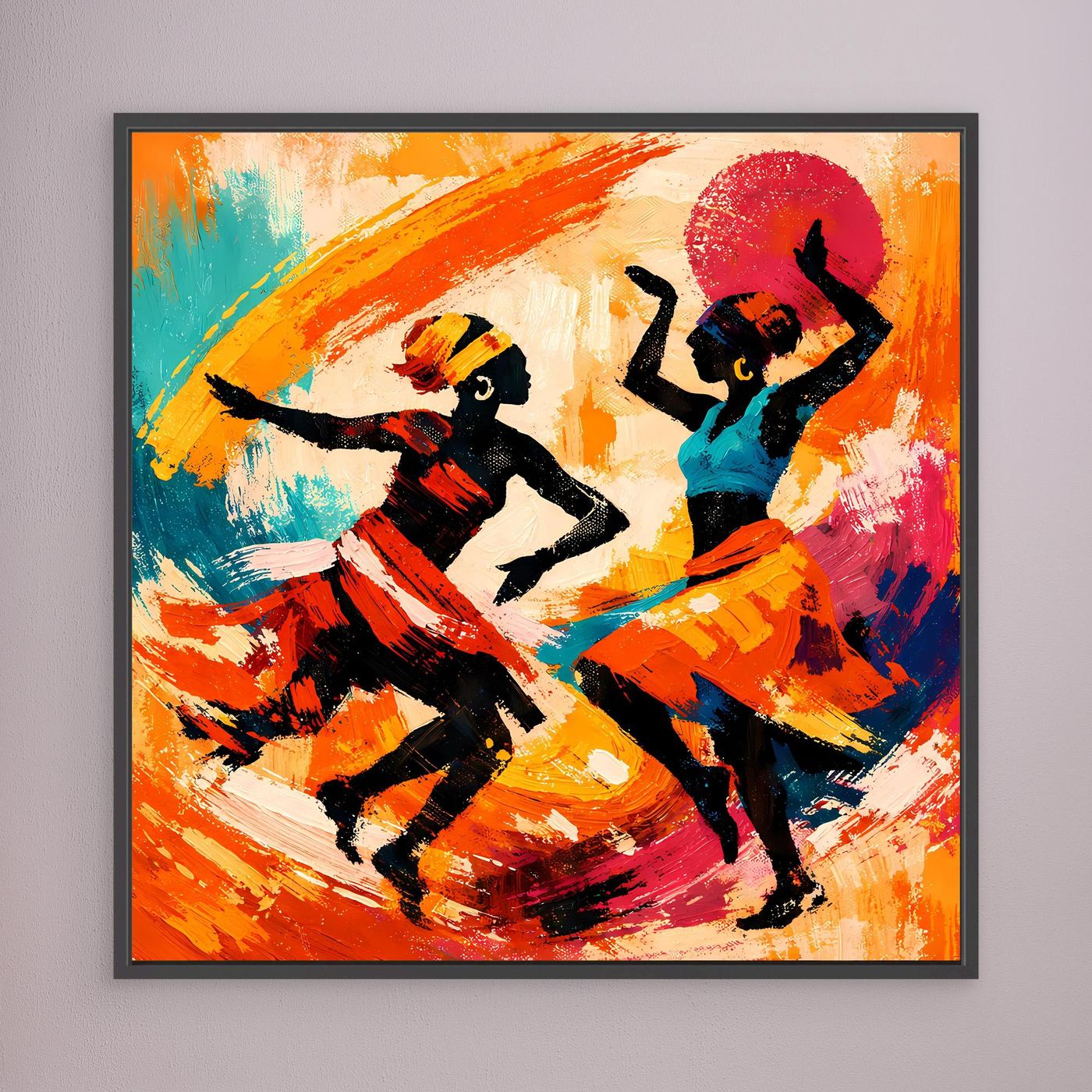 Leinwand Tanzende Afrikanerinnen im Sonnenuntergang | Abstraktes Ethno Pop Art Wandbild