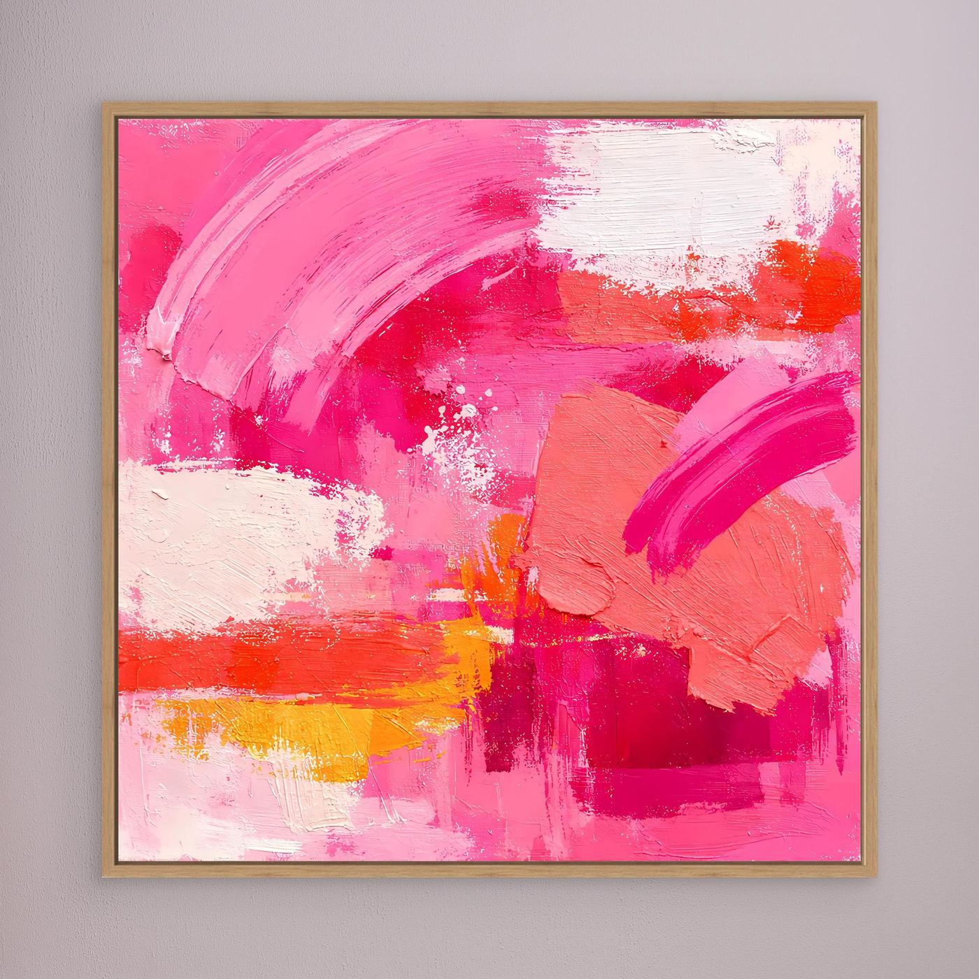 Leinwand-Wandbild mit abstrakten Pinselstrichen in Pink und Orange; goldbrauner Holzrahmen
