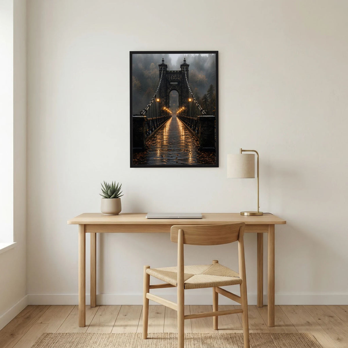 Poster mit Hängebrücke über dunklem Wasser, Laternenstrahl in der Mitte