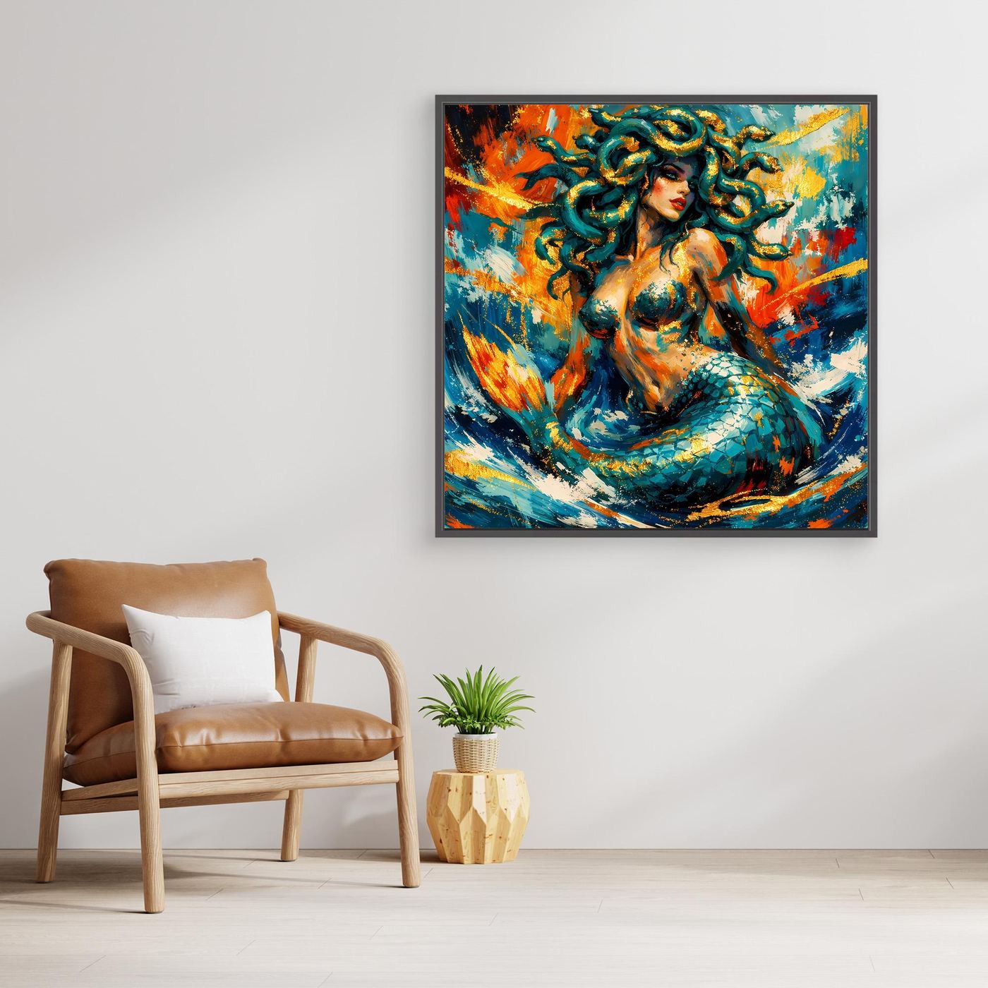 Gerahmtes Leinwandbild mit Meerjungfrau-Motiv in Blaugrün, Türkis und Orange, Fantasy-Illustration.
