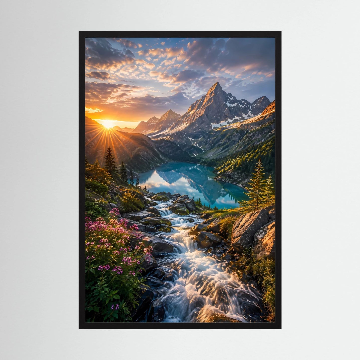 Vertikales Poster mit Berglandschaft, türkisfarbenem See und Wasserfall bei Sonnenuntergang, schwarzer Rahmen