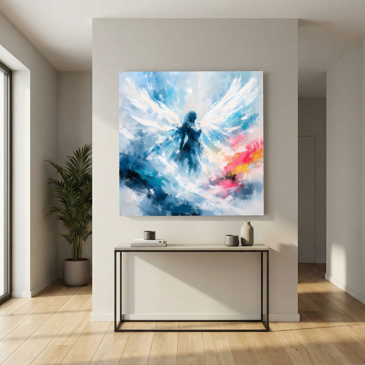 Quadratisches Leinwandbild: abstrakter Engel in Blau und Weiß mit rosafarbenen Akzenten.