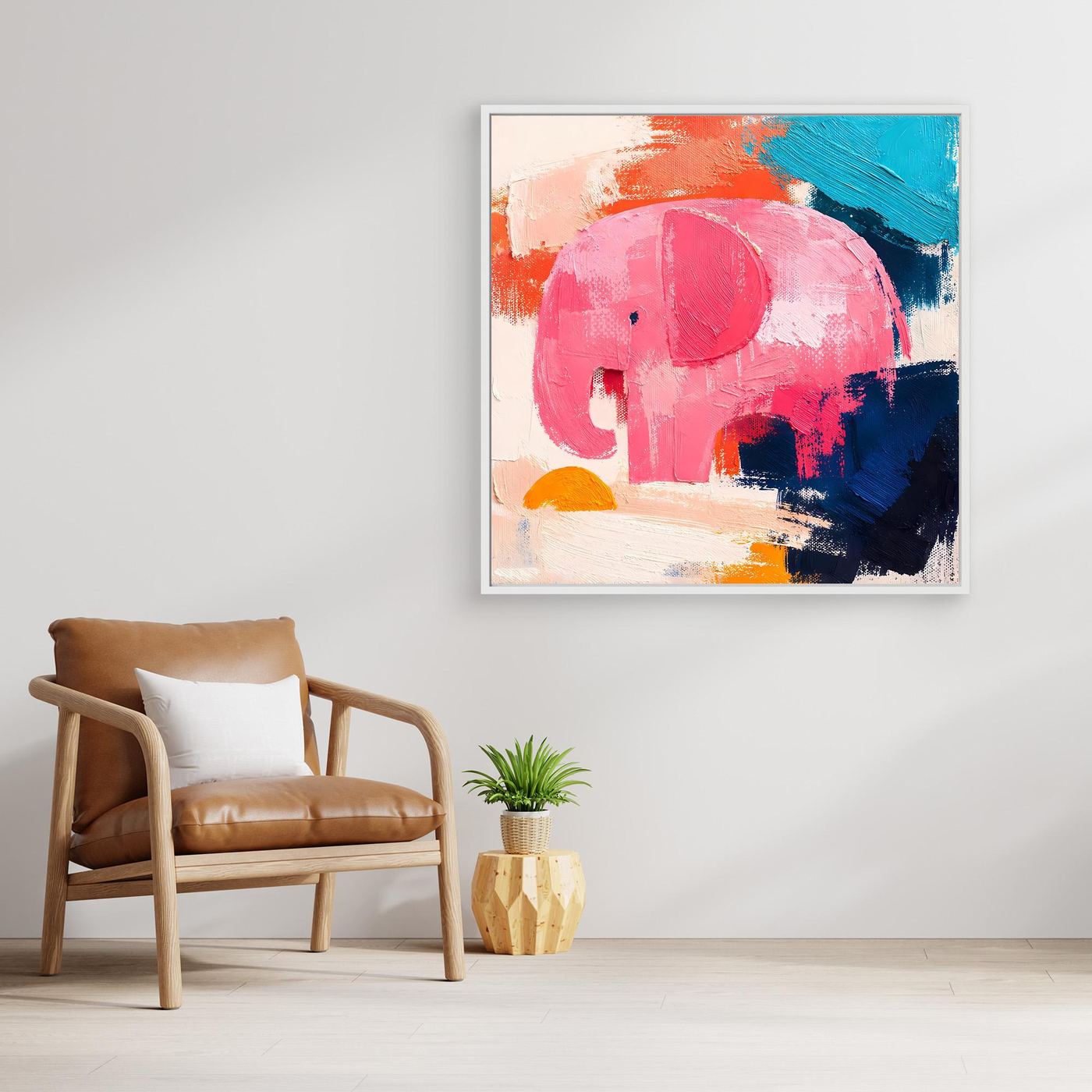 Abstract elephant canvas painting with pink elephant and blue paint strokes, white frame
