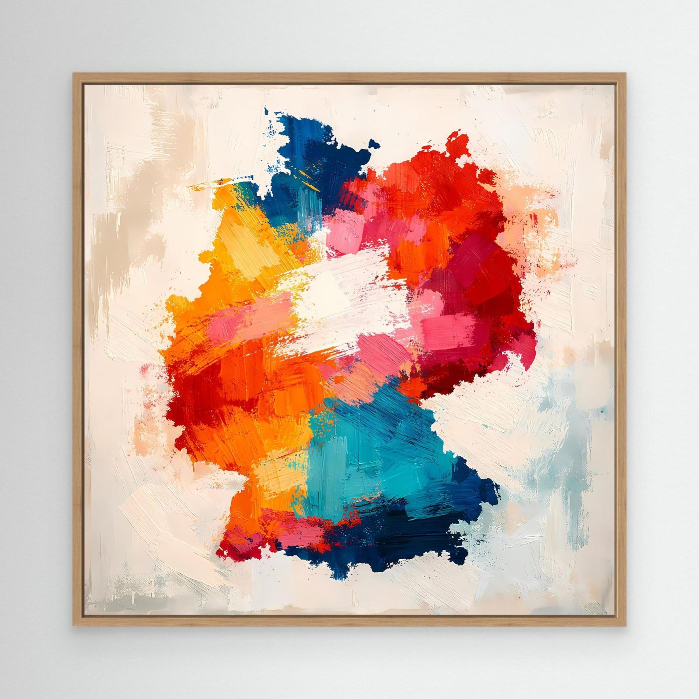 Abstract Germany map canvas wall art with oak frame, multicolor brushstroke silhouette