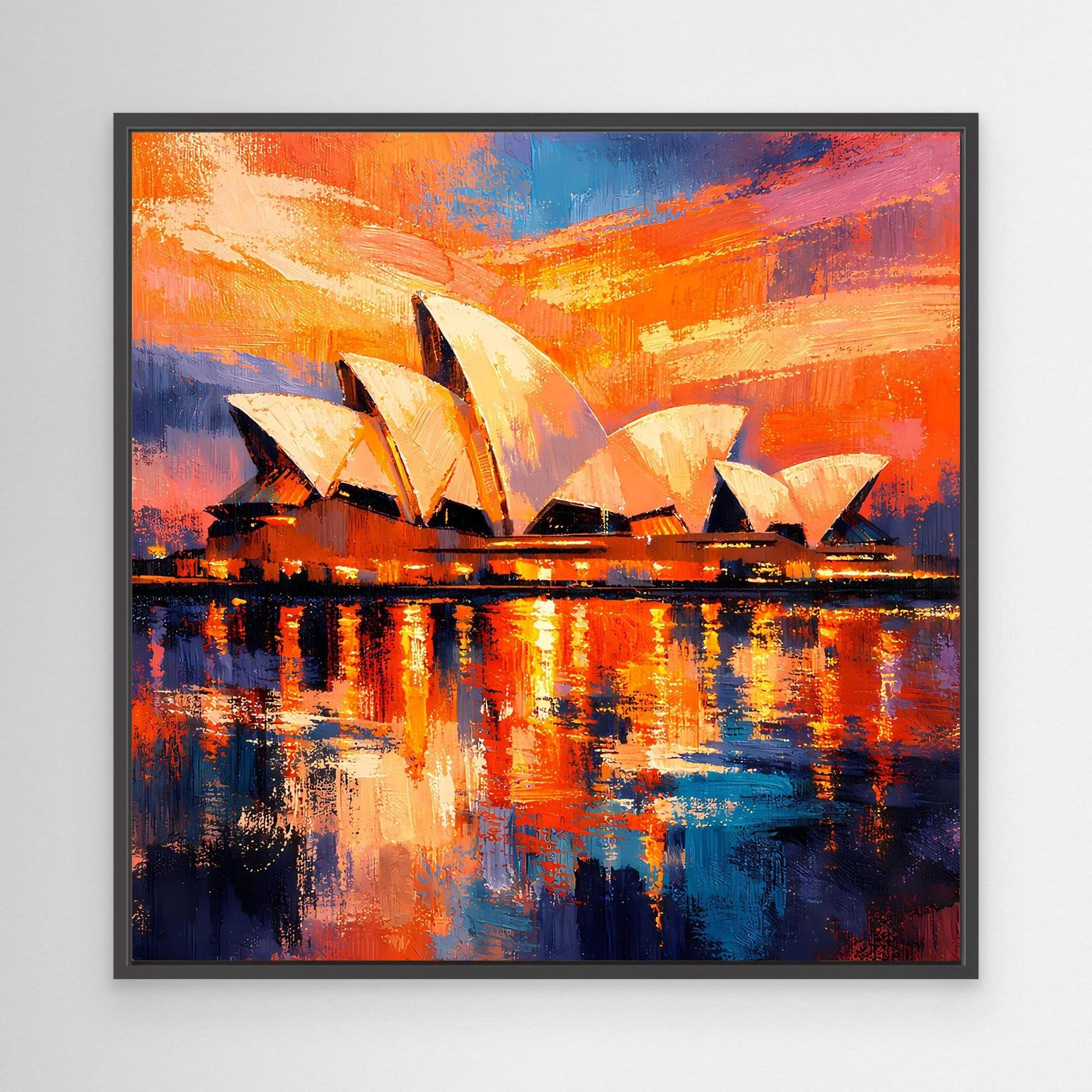 Abstraktes Leinwandbild mit Sydney Opera House im Abendrot im schwarzen Rahmen