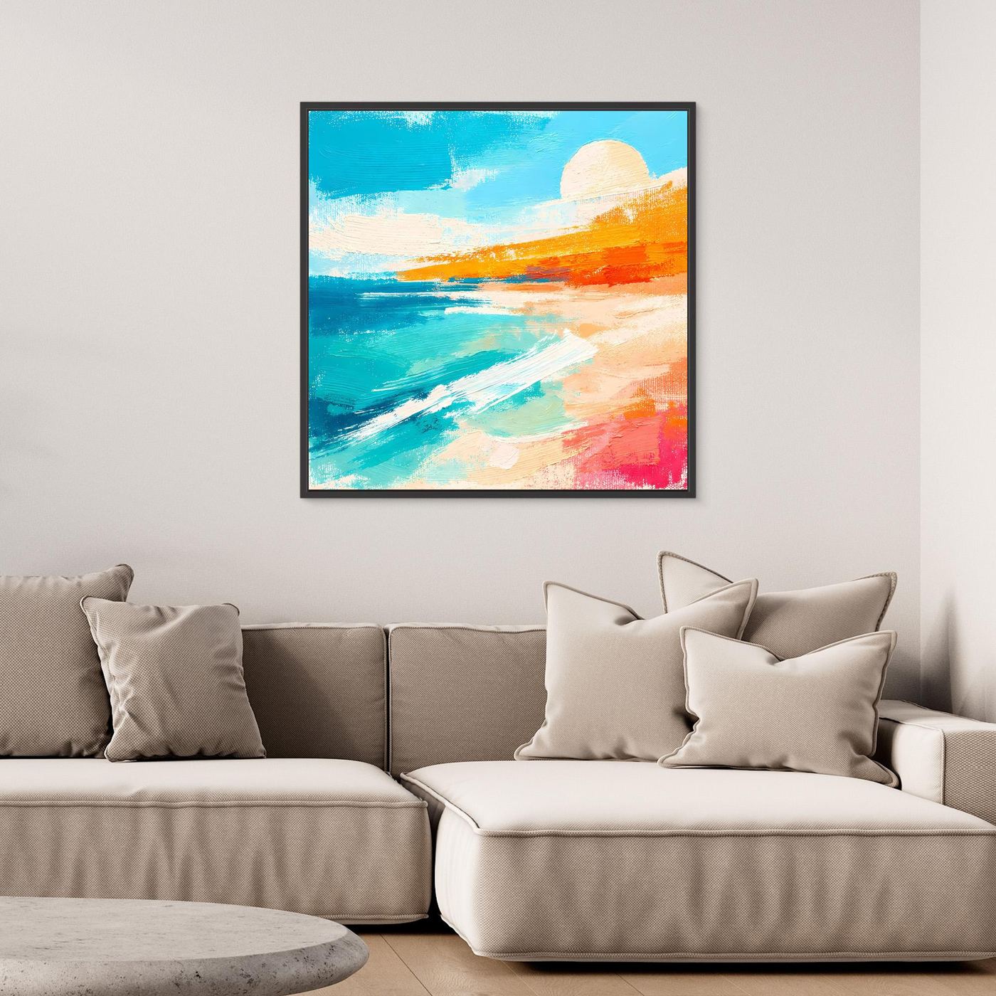 Abstract beach wall art in a black frame with teal ocean, white waves, and orange tones.