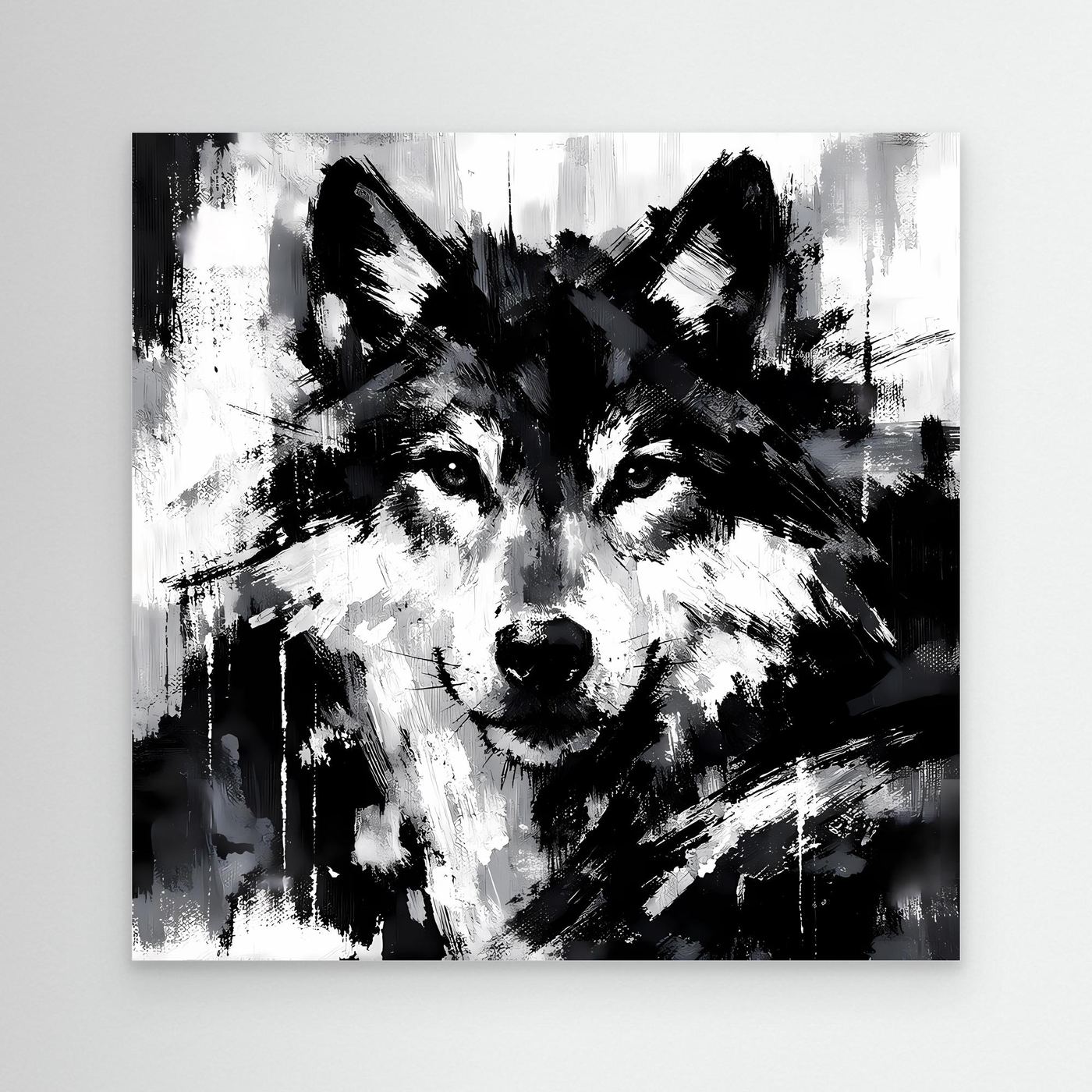 Leinwand-Wandbild mit abstraktem Wolfsgesicht in Schwarzweiß, ohne Rahmen