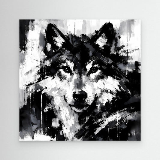 Leinwand-Wandbild mit abstraktem Wolfsgesicht in Schwarzweiß, ohne Rahmen