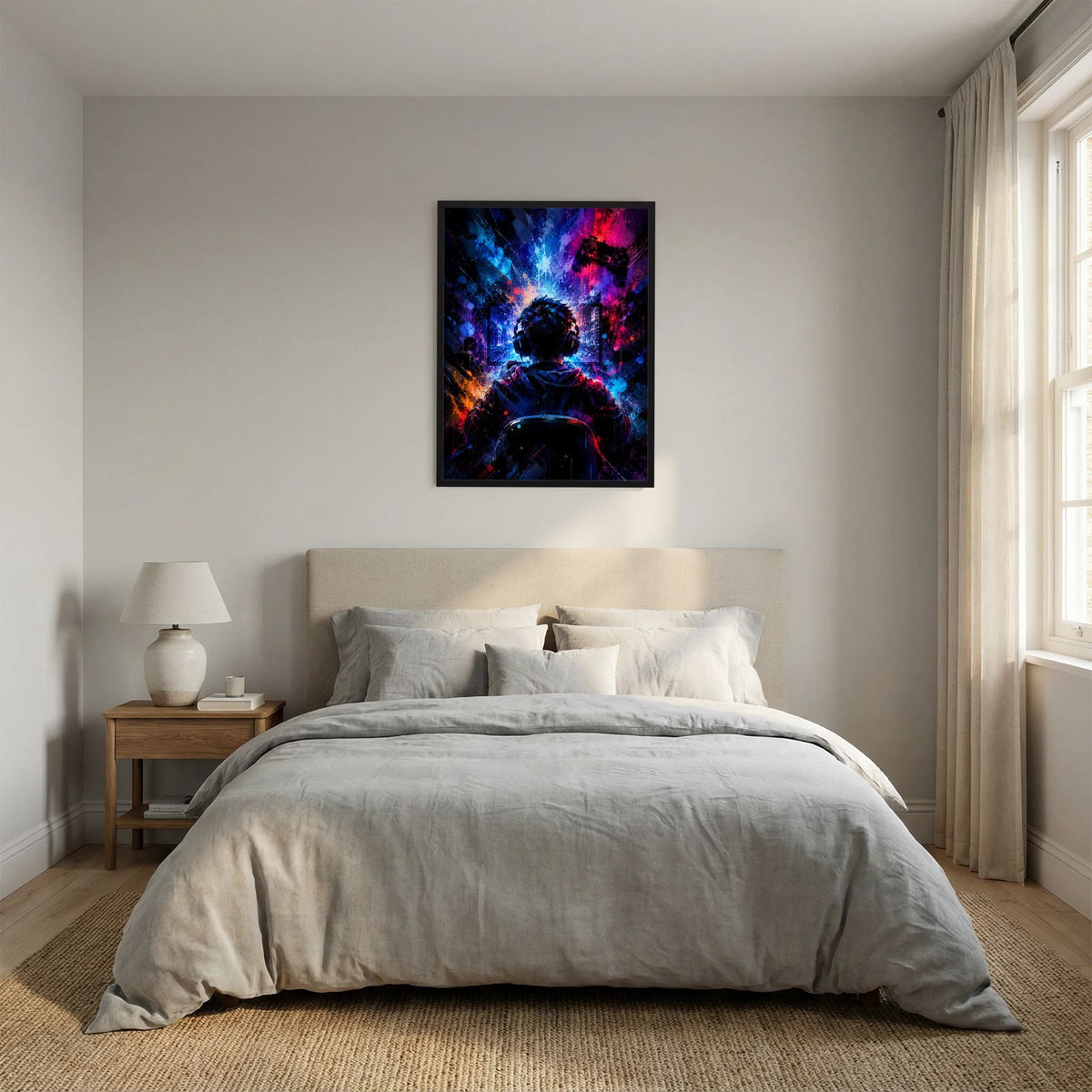 Schwarz gerahmtes Wandposter mit Neon-Grafik eines Gamers mit Headset und Controller