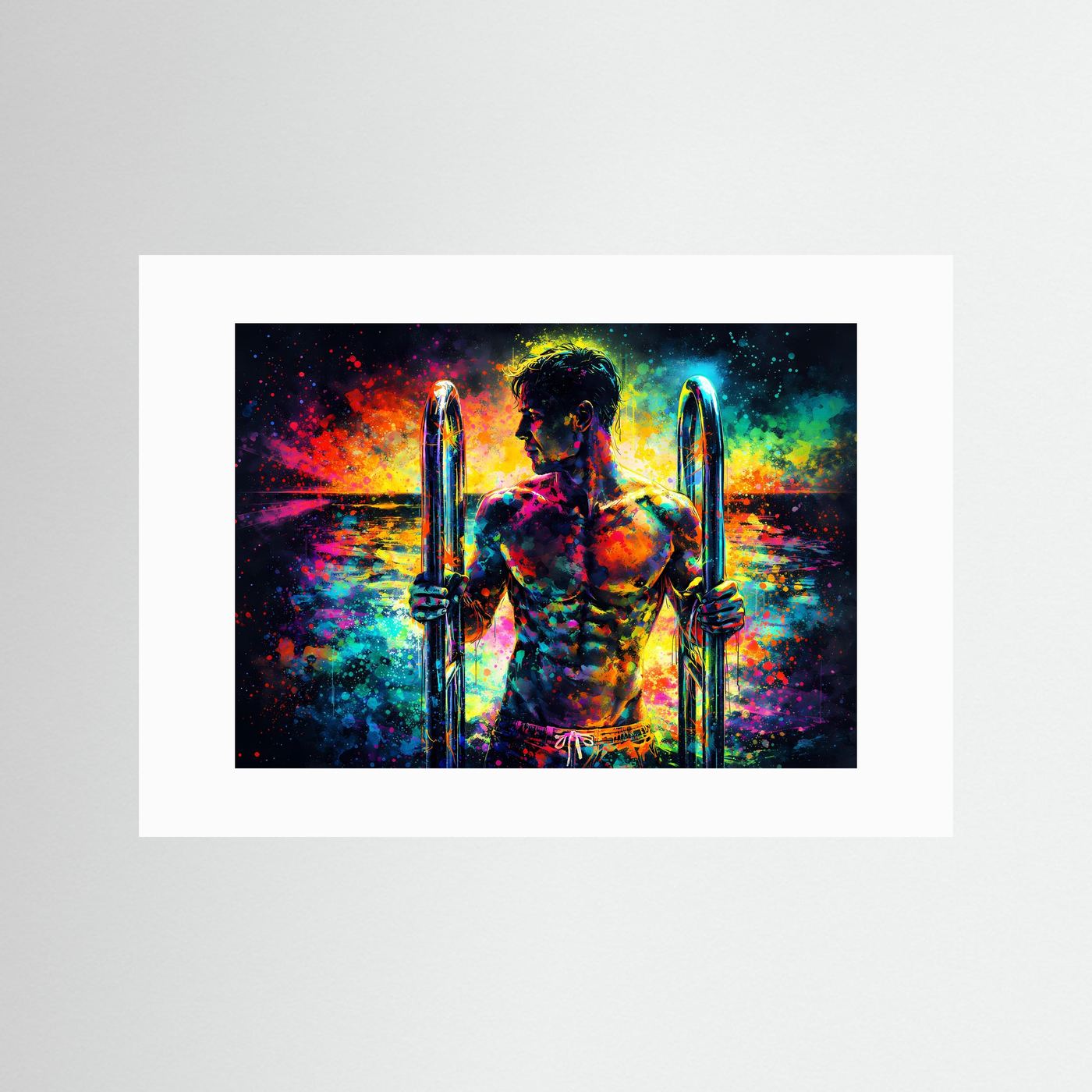 Neonkunst-Poster im Querformat mit Figur und zwei leuchtenden Stäben, mit weißem Passepartout