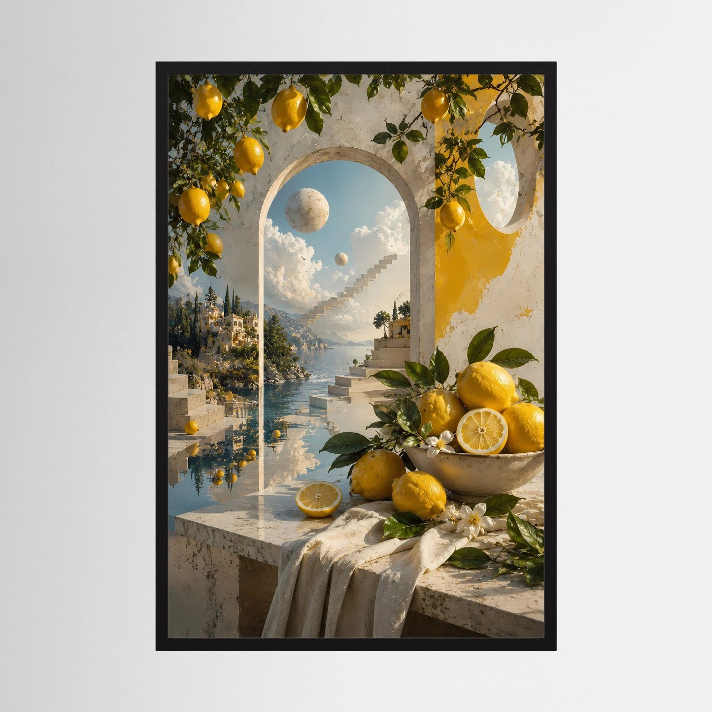 Kunstposter im Hochformat mit schwarzem Rahmen, Zitronen und Torbogen am Meer