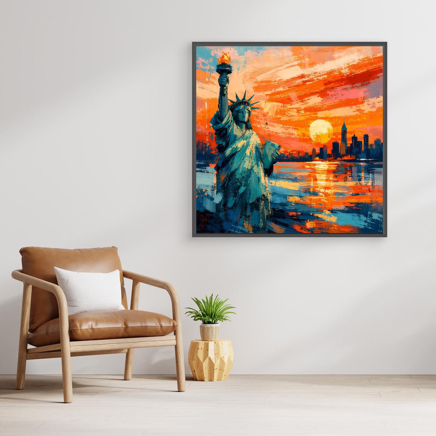 Abstraktes Leinwand-Wandbild der Statue der Freiheit mit orangefarbenem Himmel und Wasser, mit Rahmen.