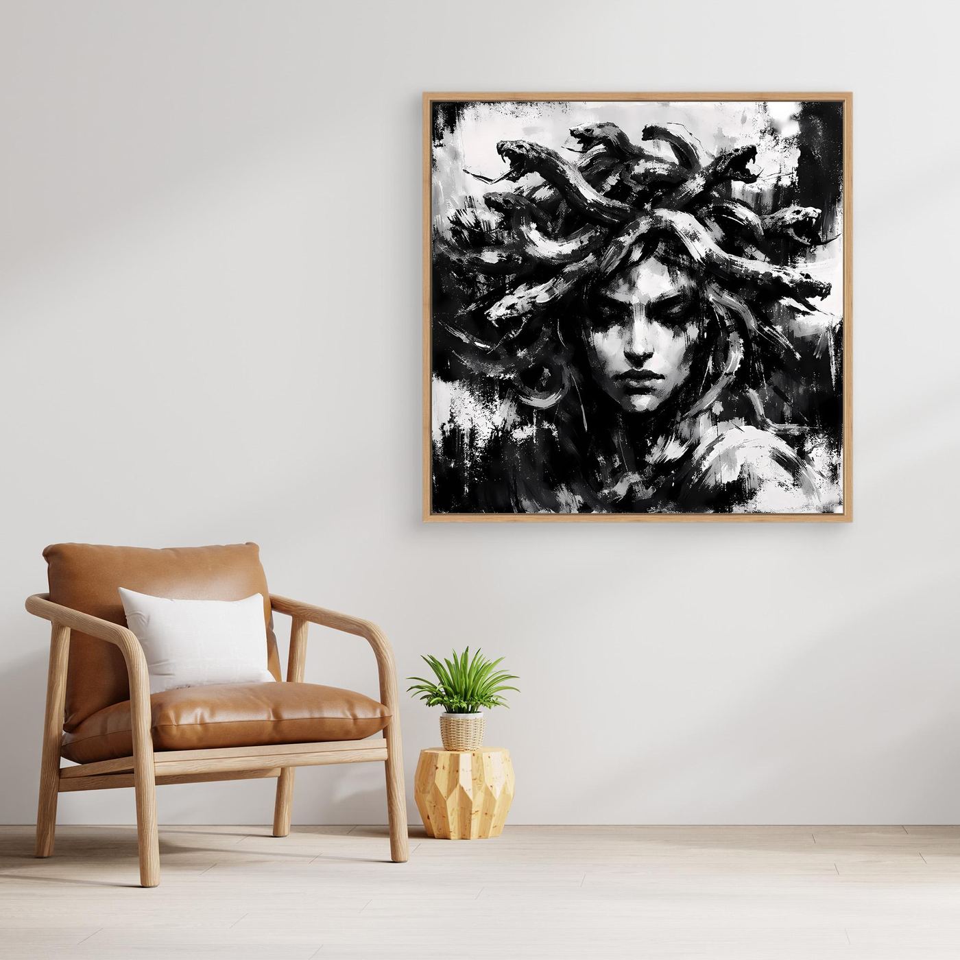 Abstract Medusa canvas wall art with light wood frame, monochrome figure and hair texture