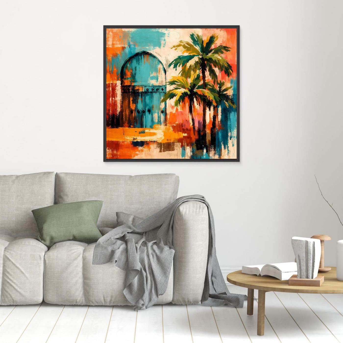 Kleines Wandbild mit abstraktem Tor und Palmen in Orange, Blau und Grün, schwarzer Rahmen