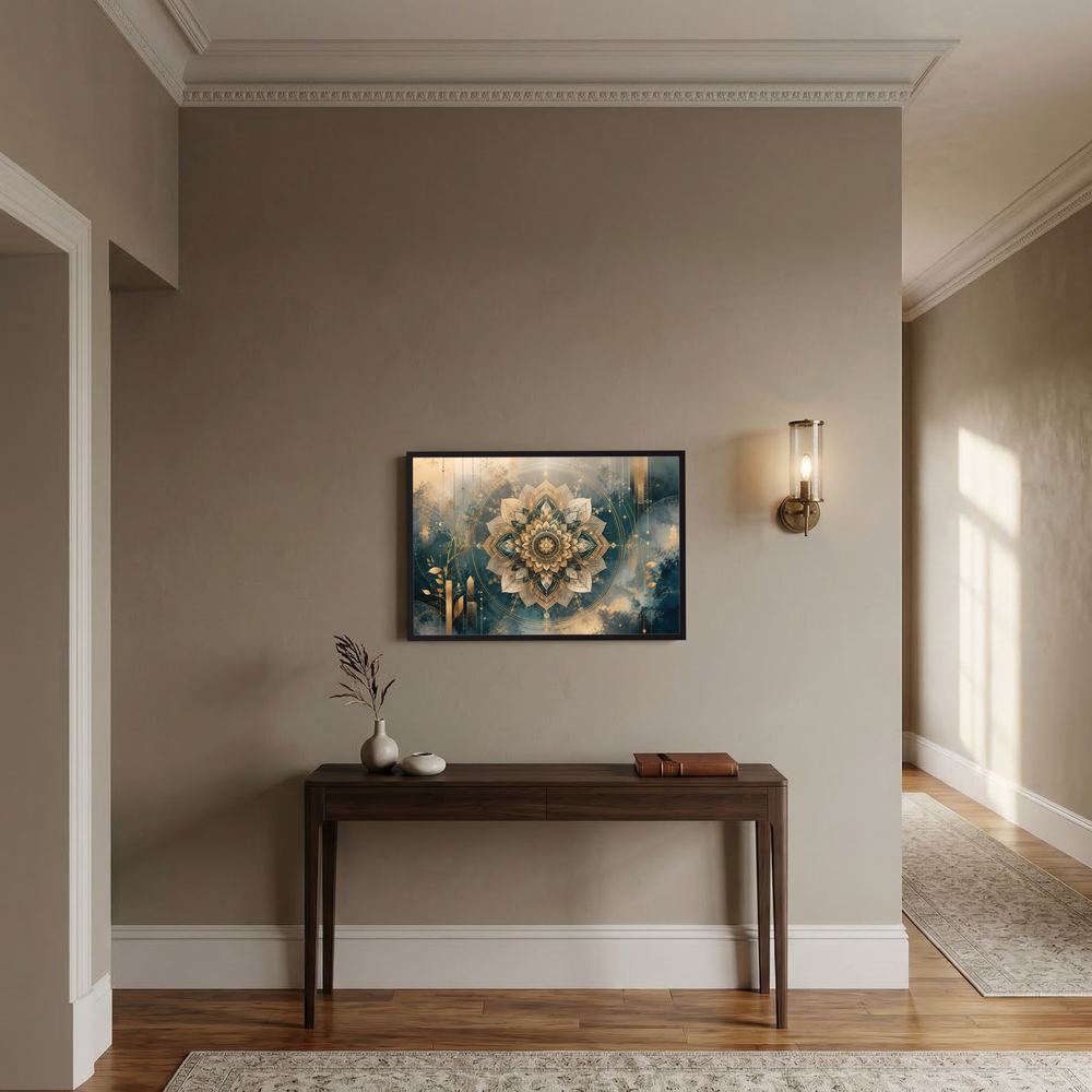 Gerahmtes Poster mit goldenem Mandala auf petrolfarbenem Hintergrund, querformatig.