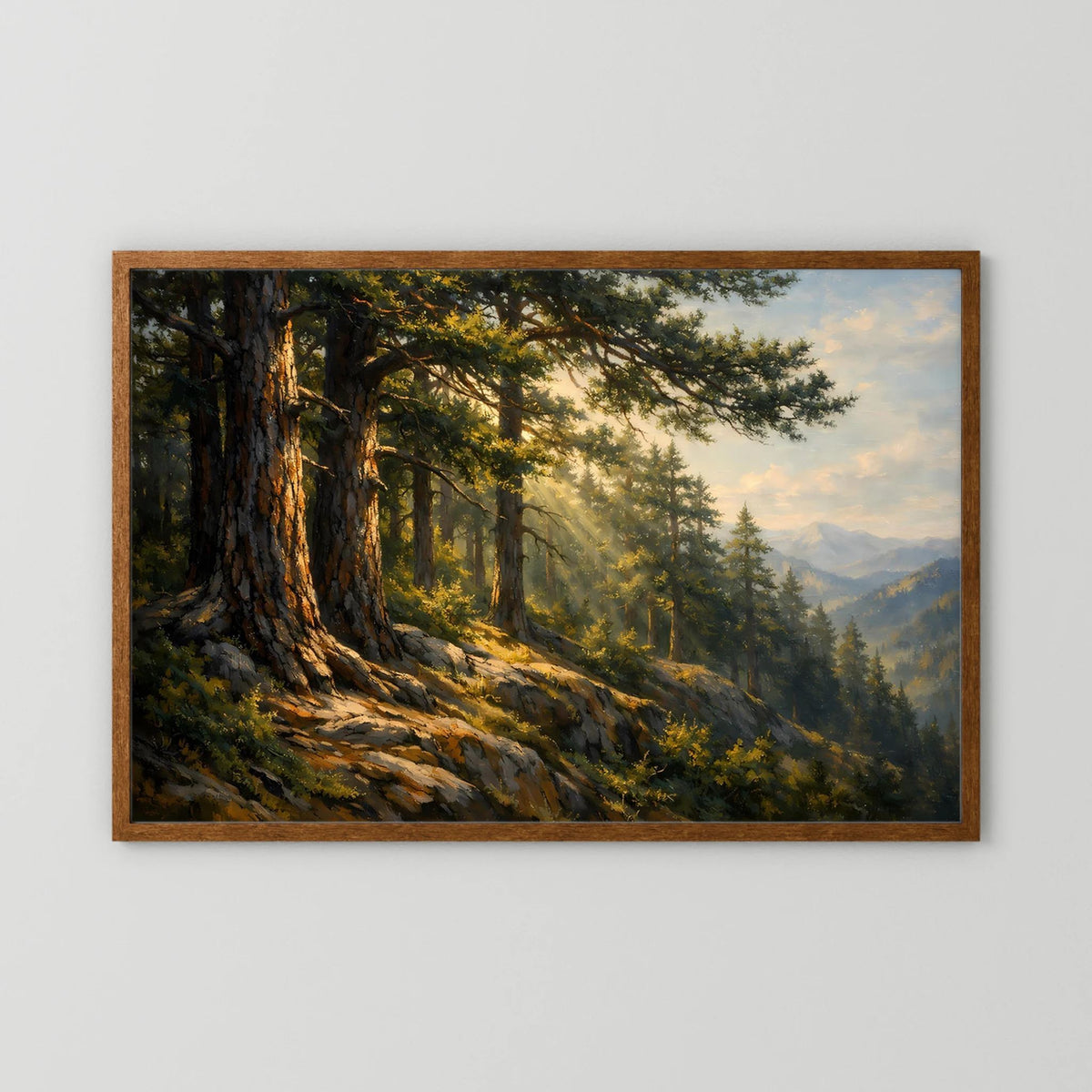 Wandbild im Querformat mit Wald- und Bergmotiv, Holzrahmen natur/dunkelbraun