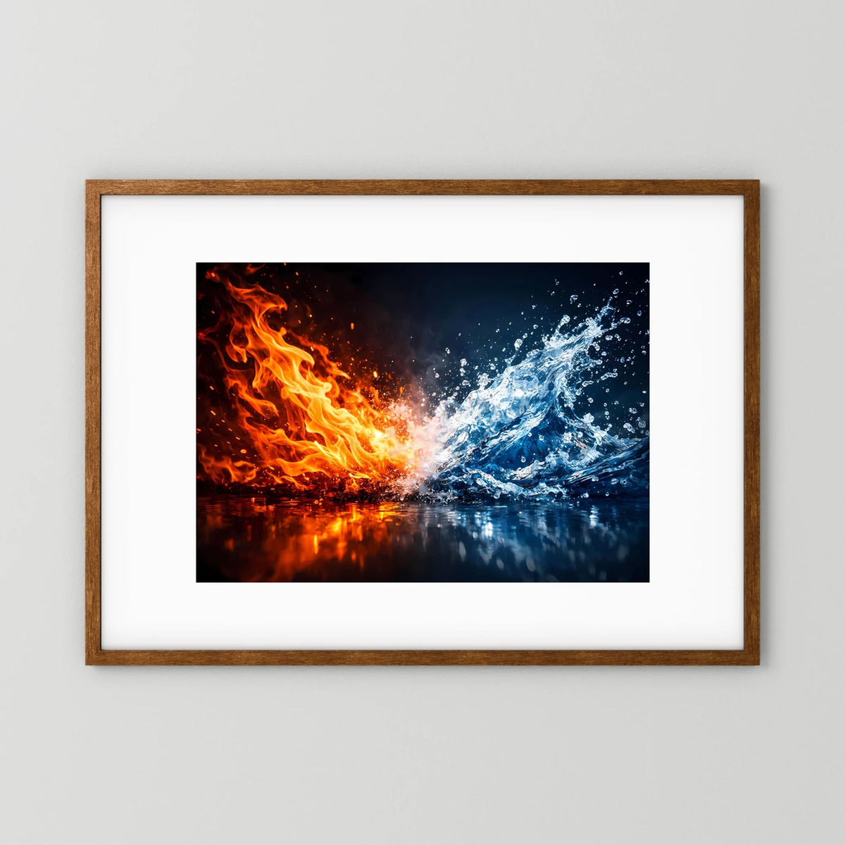 Querformat-Poster mit Feuer-und-Wasser-Abstract, dunkle Eichenholzrahmung