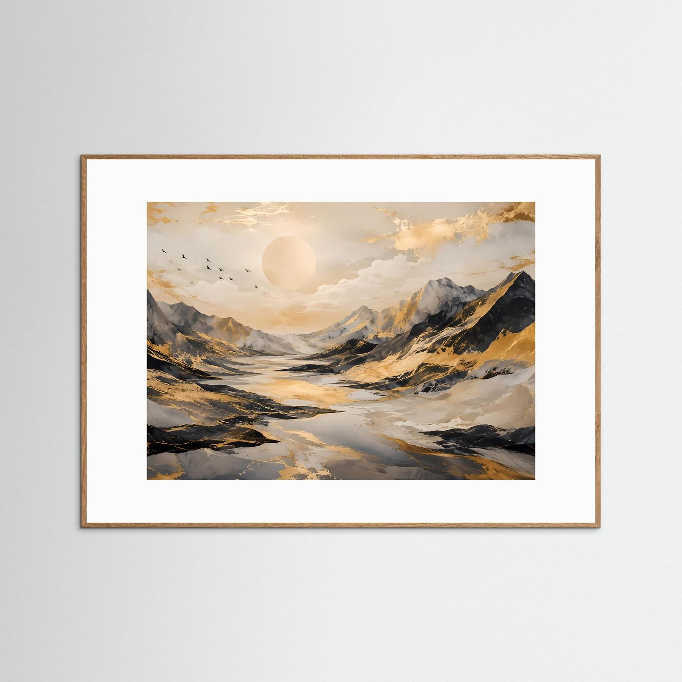 Abstrakte Berglandschaft mit Goldakzenten | Modernes Poster in Schwarz, Weiß & Gold | Edles Wandbild Querformat