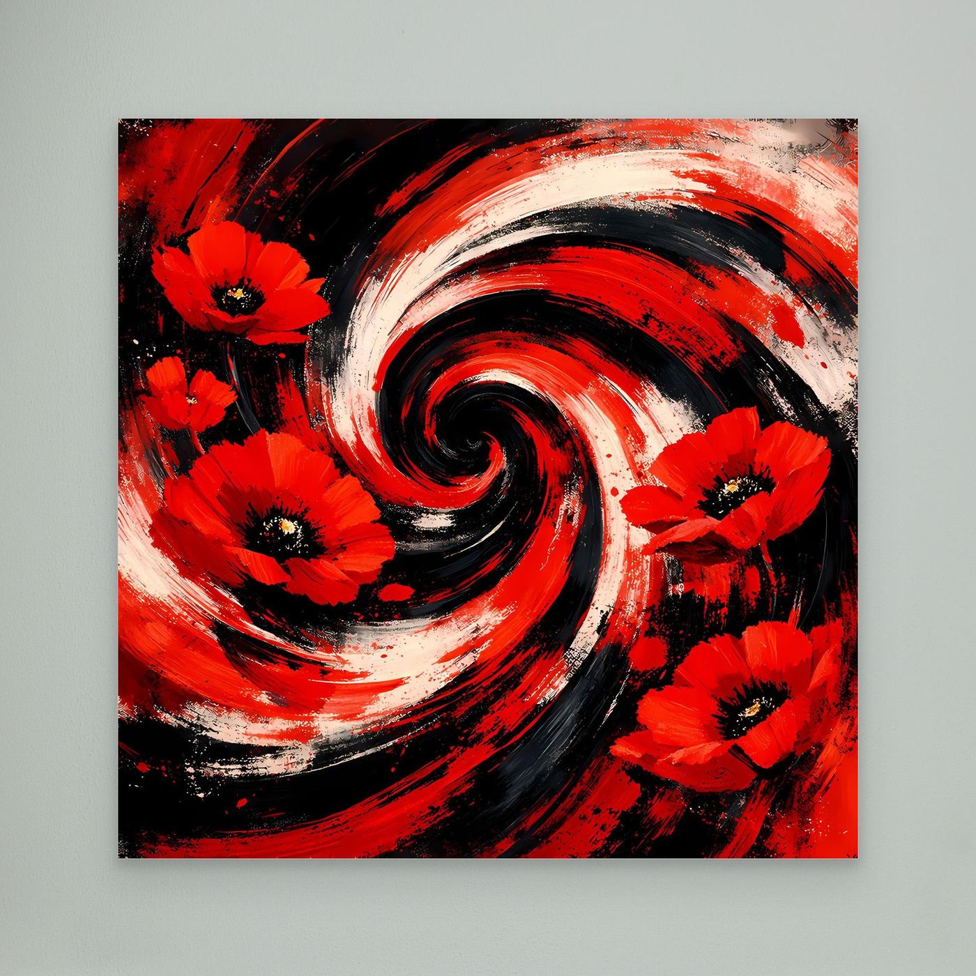 Leinwandbild mit roten Mohnblüten und schwarzen Spiralen, ohne Rahmen