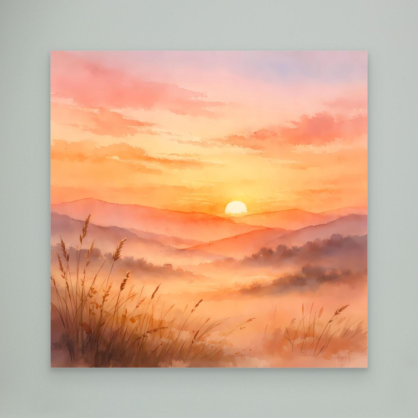 Leinwandbild mit Sonnenuntergang über Bergen, Nebel und Gräsern im warmen Aquarell