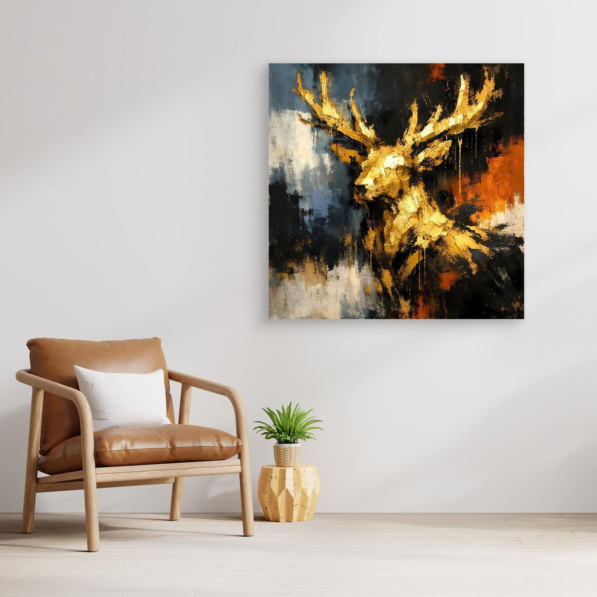 Leinwand-Wandbild mit goldfarbenem Hirschkopf und Geweih, abstrakt in Blau, Schwarz und Orange