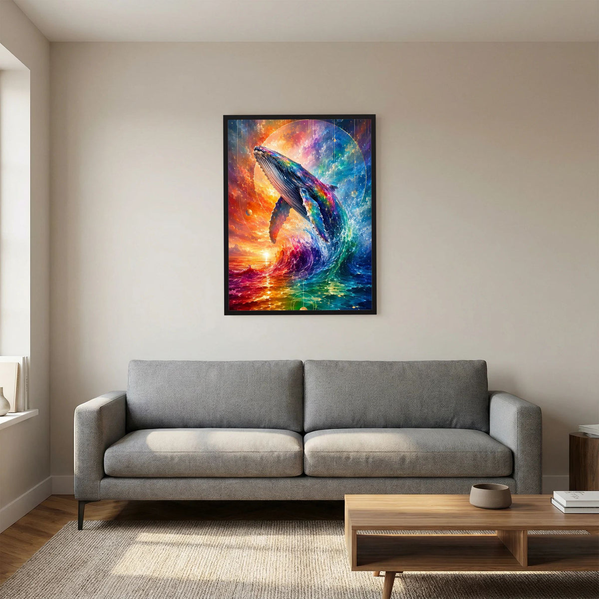 Hochformat-Poster mit abstraktem Wal in Regenbogenfarben, schwarzer Rahmen