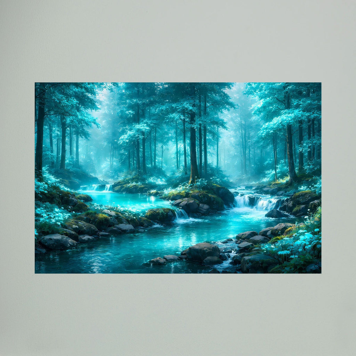 Wandbild: türkis leuchtender Wasserlauf im grünen Wald, rechteckig im Querformat