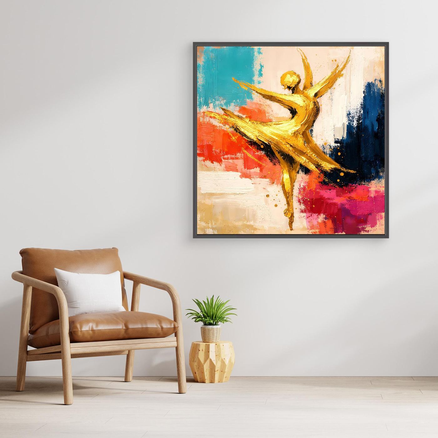 Abstraktes Leinwand-Wandbild mit goldener Ballerina, türkis, rot und blau, schwarzer Rahmen