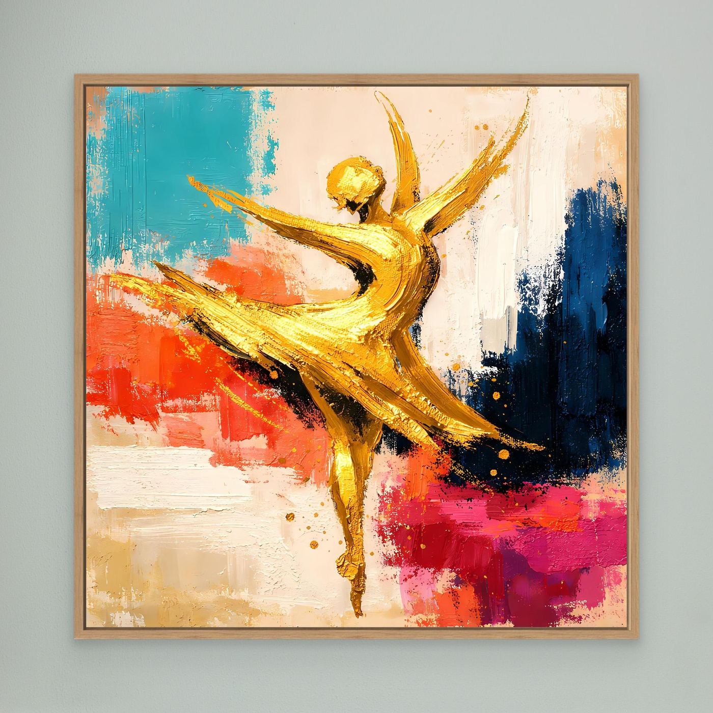 Abstraktes Leinwand-Wandbild mit goldener Ballerina im beigem Rahmen, Blau-Rot-Farbfelder