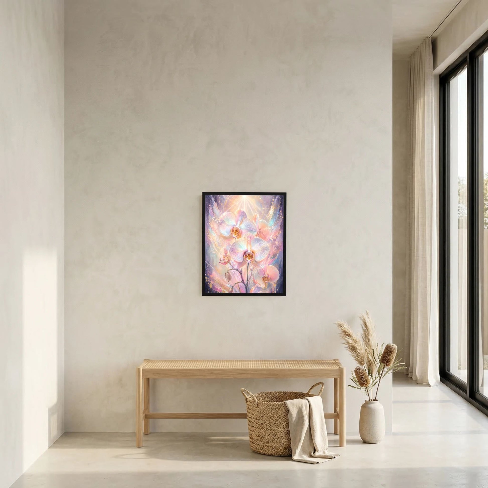 Orchideen-Poster mit irisierendem Rosa und Perlmutt, klein im schwarzen Rahmen