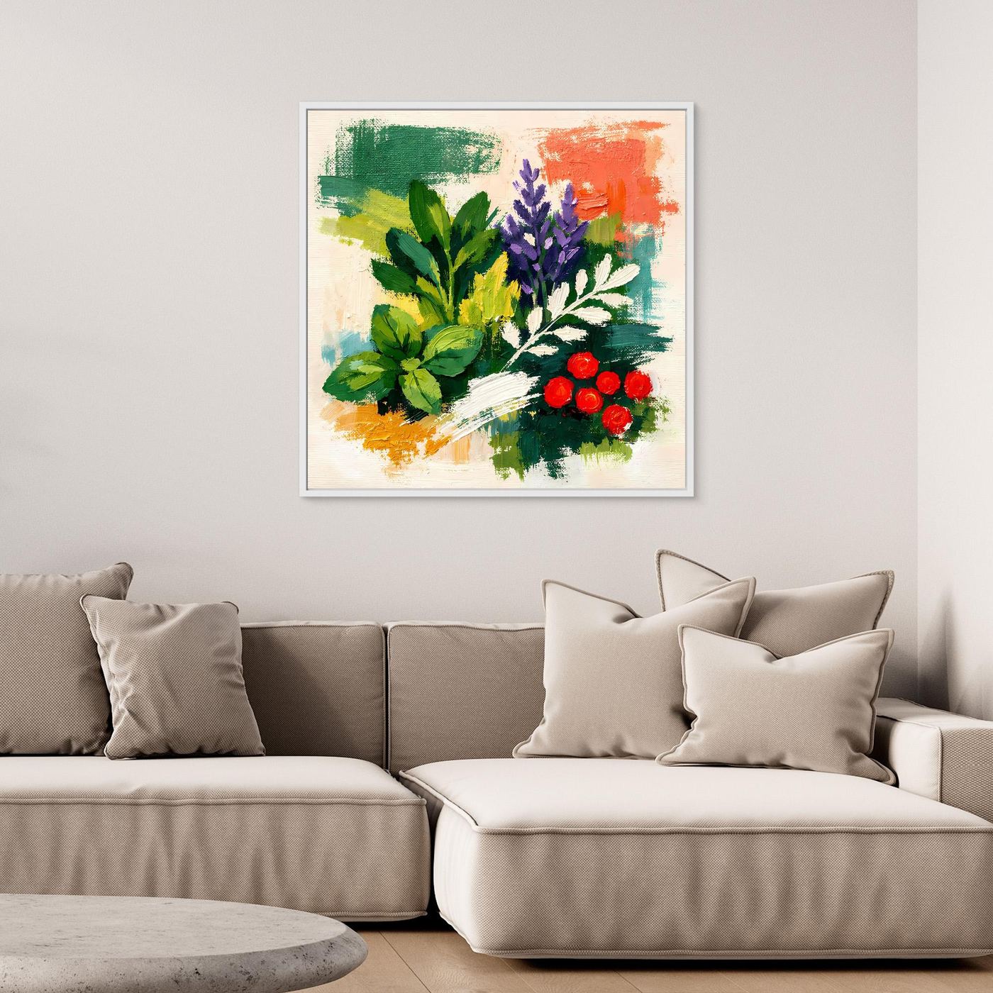 Abstract herb bouquet wall art, white frame, green foliage with purple sprig and red berries