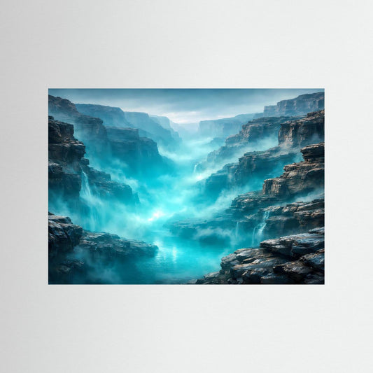 Canyon-Poster mit türkisfarbenem Nebel, ohne Rahmen