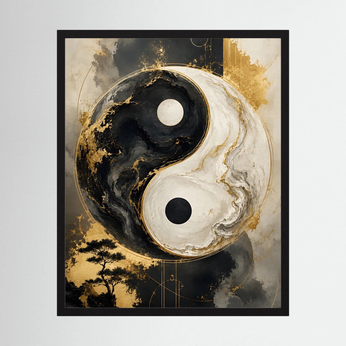 Yin-Yang-Wandposter im Hochformat mit schwarzem Rahmen, Schwarz-Weiß und Goldakzenten.