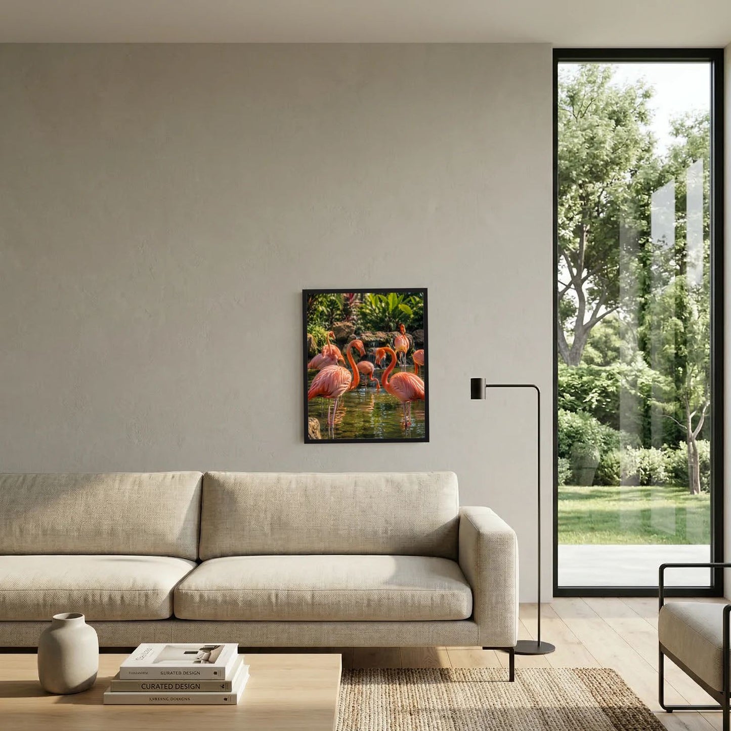 Hochformat-Poster mit Flamingos im Wasser, rosa Vögel und grüne Tropenvegetation
