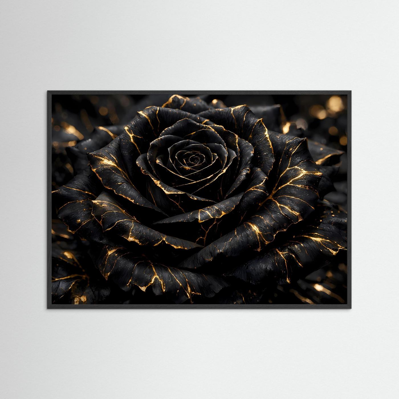 Wandbild mit schwarzer Rose, goldene Linien über Blütenblättern, schwarzer Rahmen