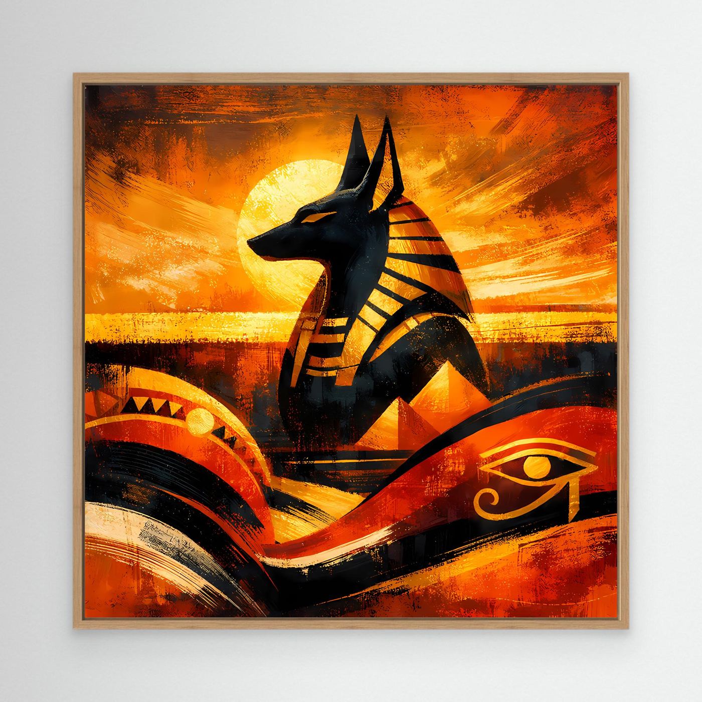 Abstraktes Anubis-Wandbild mit Eichenholzrahmen, schwarze Figur, Orange-Gelb