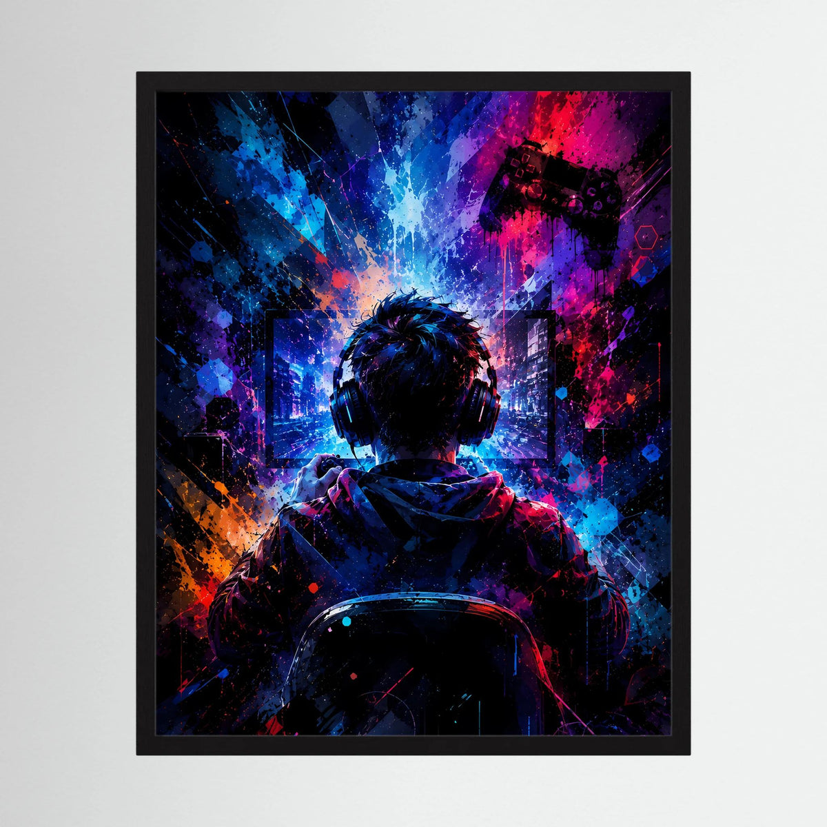Gerahmtes Neon-Gaming-Poster mit Gamer im Headset und Controller, Blick von hinten