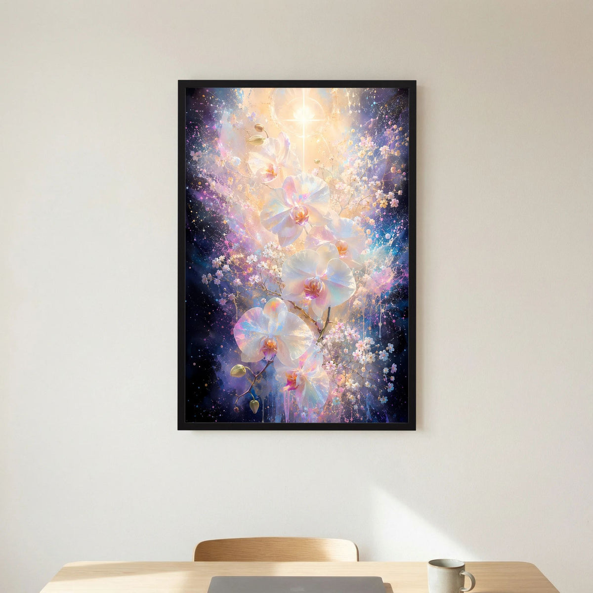 Orchideen-Poster im Hochformat mit goldfarbener Lichtmitte, schwarzer Rahmen.