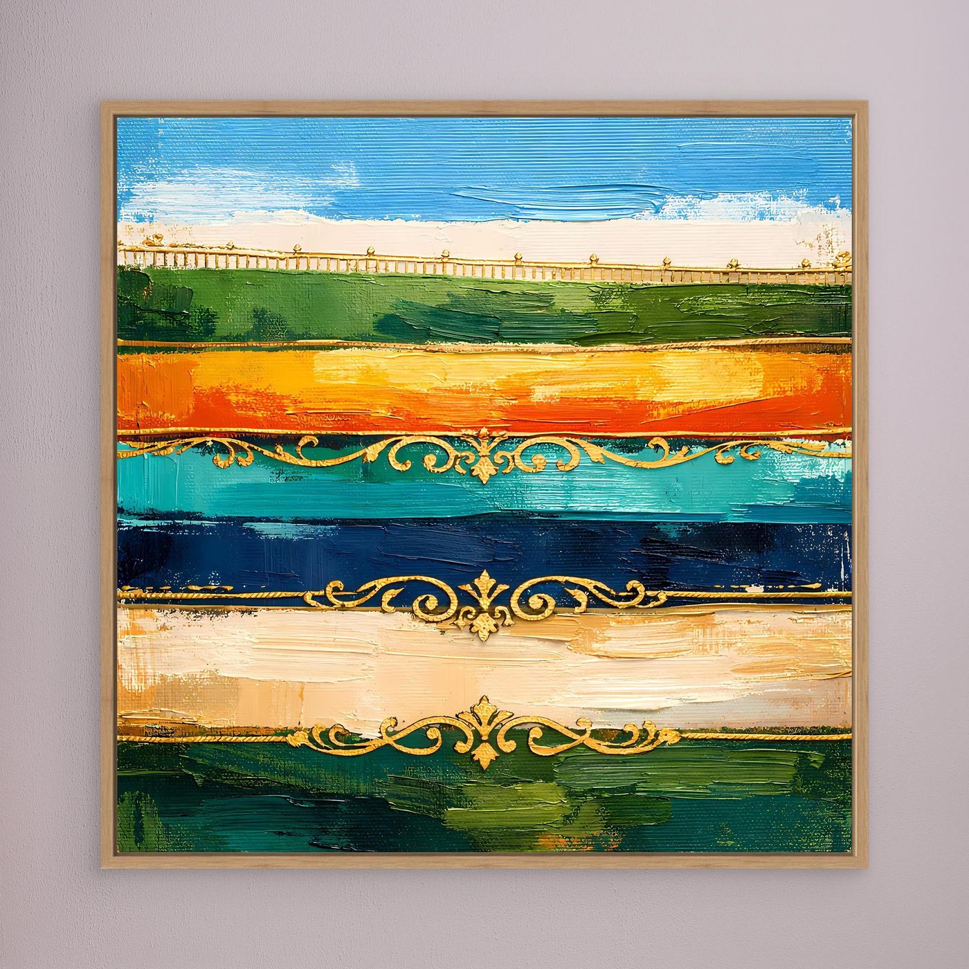 Leinwand Elegante Abstrakte Farbstreifen | Modernes Wandbild mit Goldornamenten