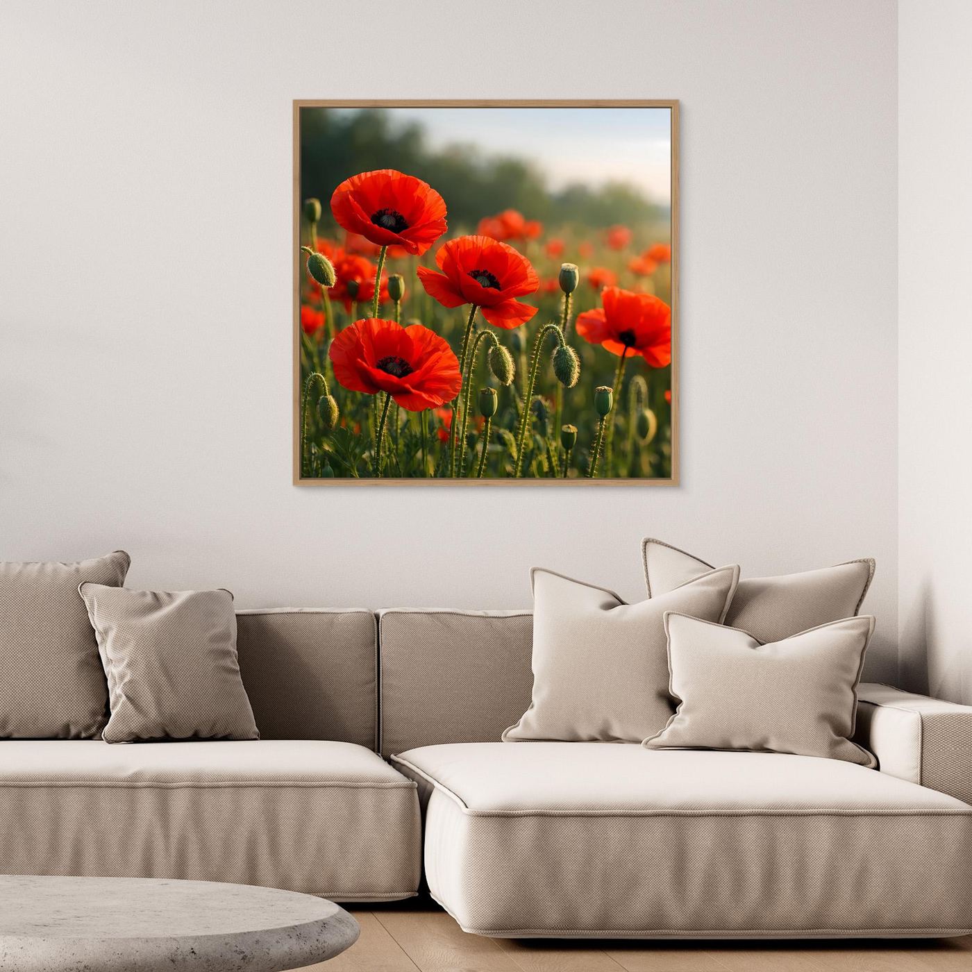 Leinwand-Wandbild mit roten Klatschmohnblüten im grünen Feld, mit hellem Rand