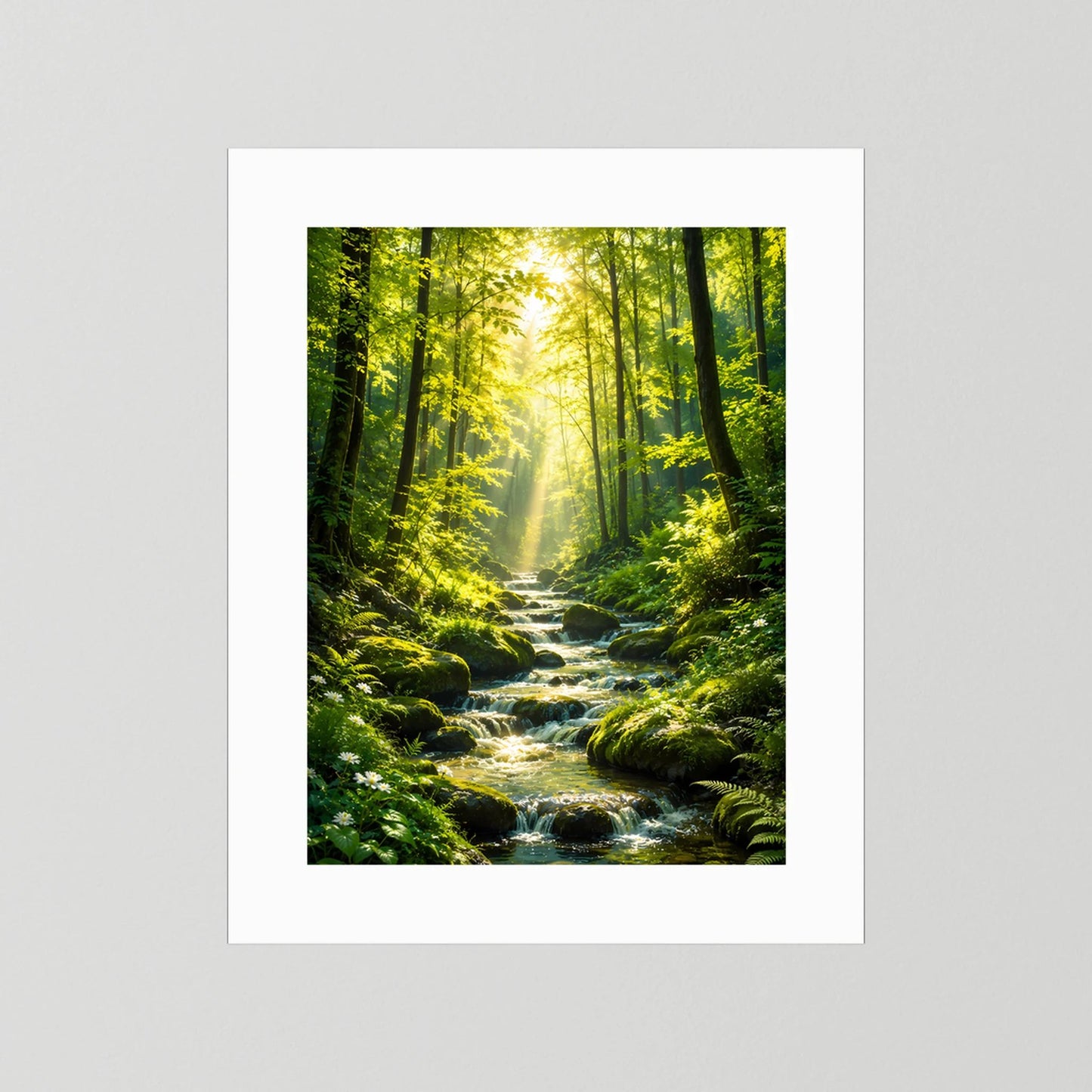 Hochformat-Poster Waldbach und Sonnenstrahlen im Wald, mit weißem Passepartout