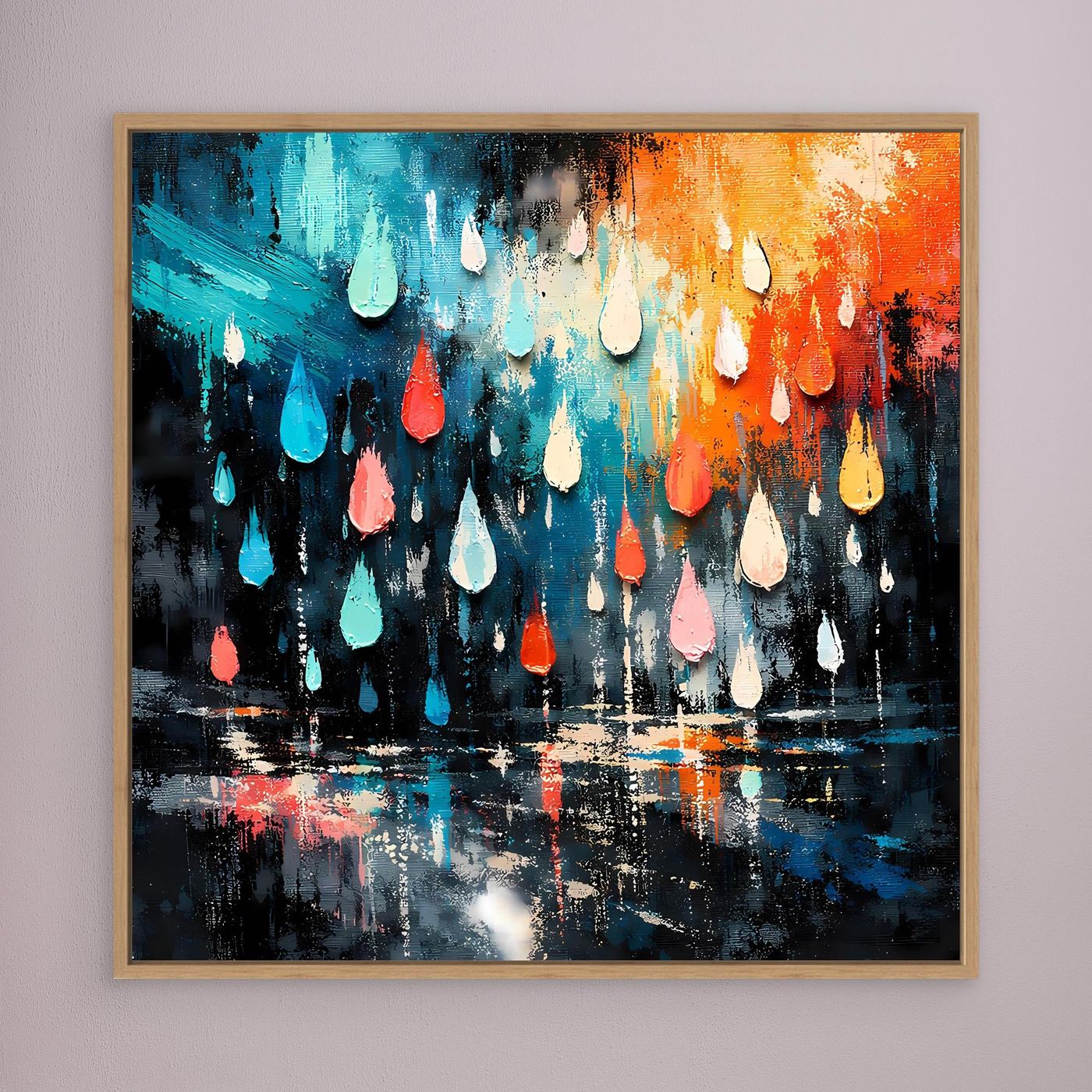 Abstraktes Wandbild mit bunten Regentropfen in Blau, Orange und Rot, goldbraun gerahmt