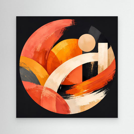 Leinwandbild mit geometrischem Kreis aus Pinselstrichen in Orange, Beige und Weiß, schwarzer Rahmen