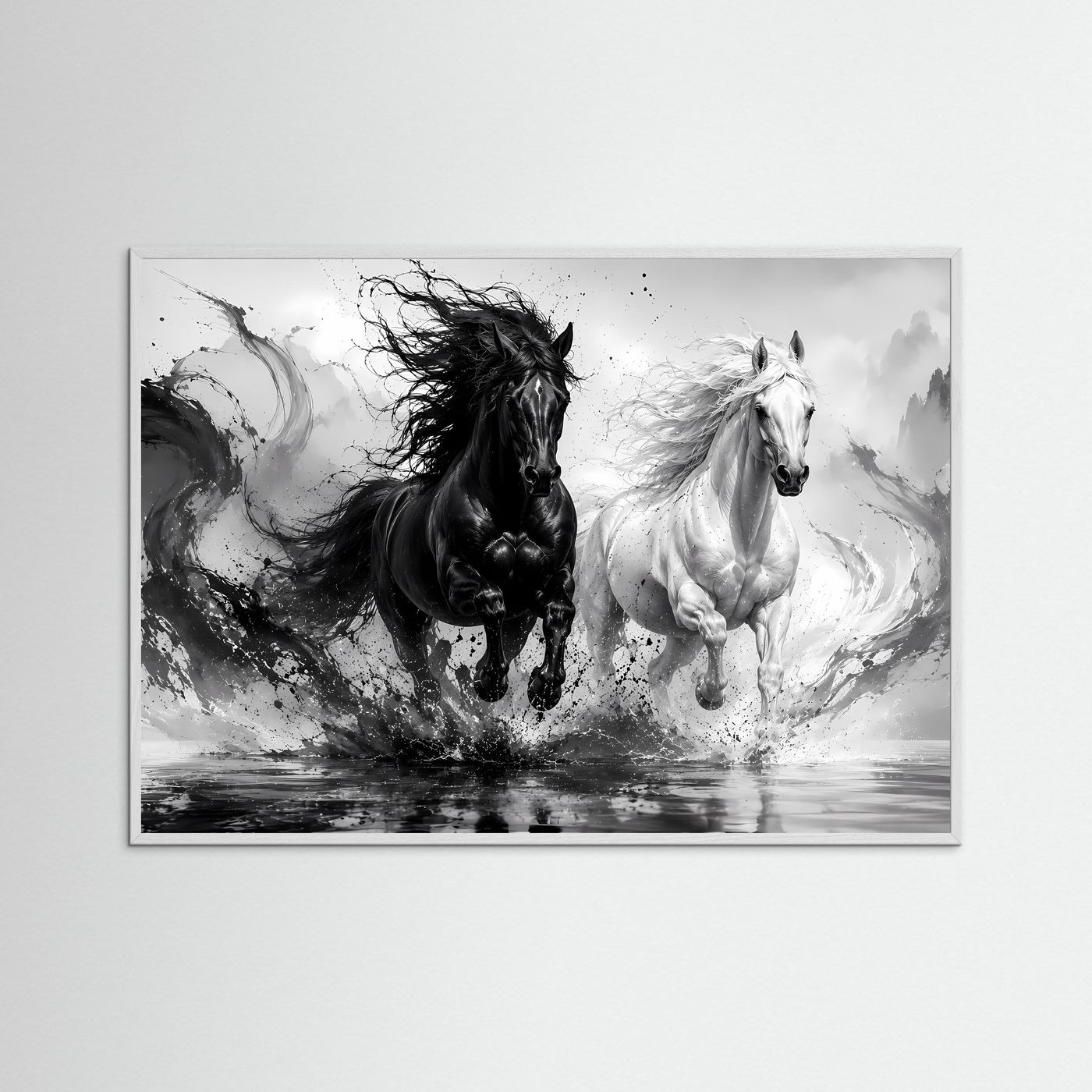 Schwarz Weiß Pferde Poster | Yin Yang Pferde Wandbild | Galoppierende Schwarze und Weiße Pferde | Moderne Abstrakte Pferdekunst