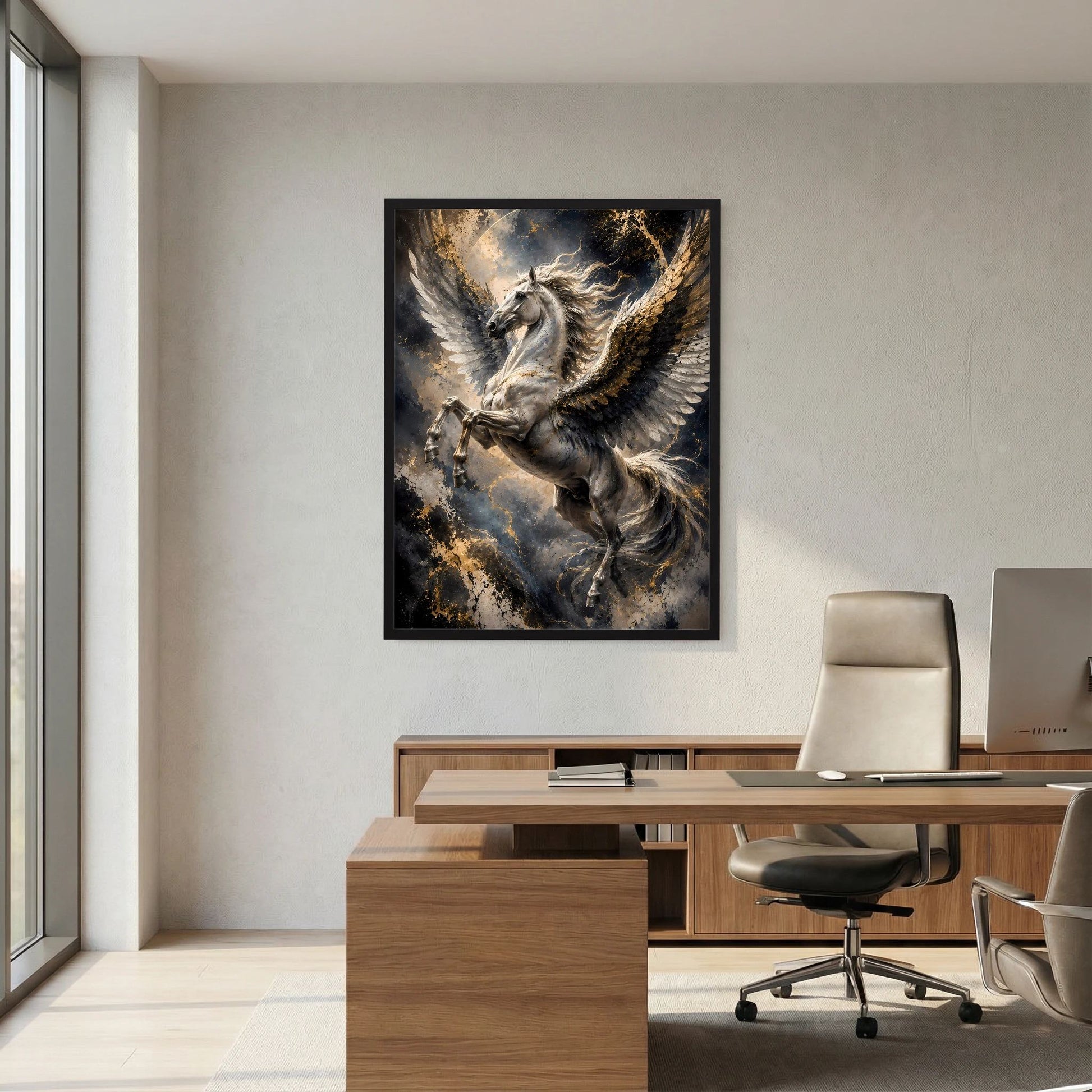 Poster mit Pegasus im Flug, goldene Glanzlichter auf Flügeln, schwarzer Rahmen