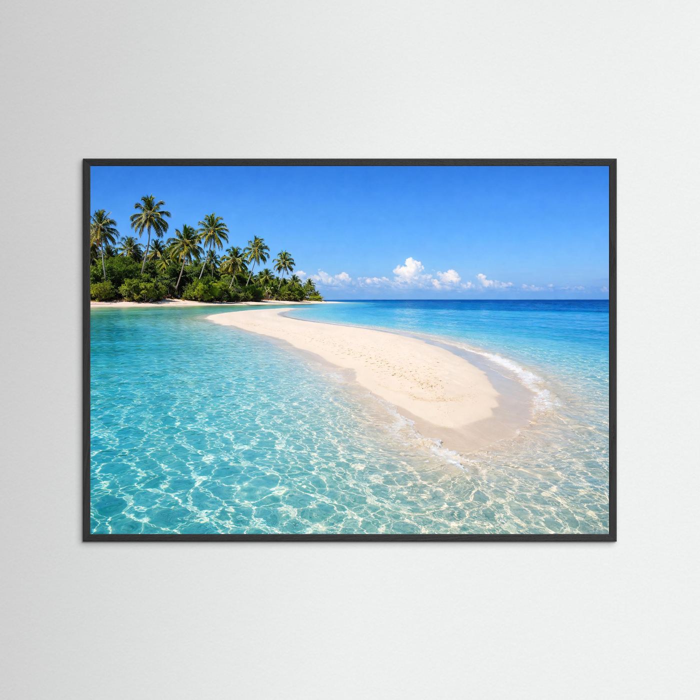 Strandposter mit Palmen und Sandbank im schwarzen Rahmen, querformat