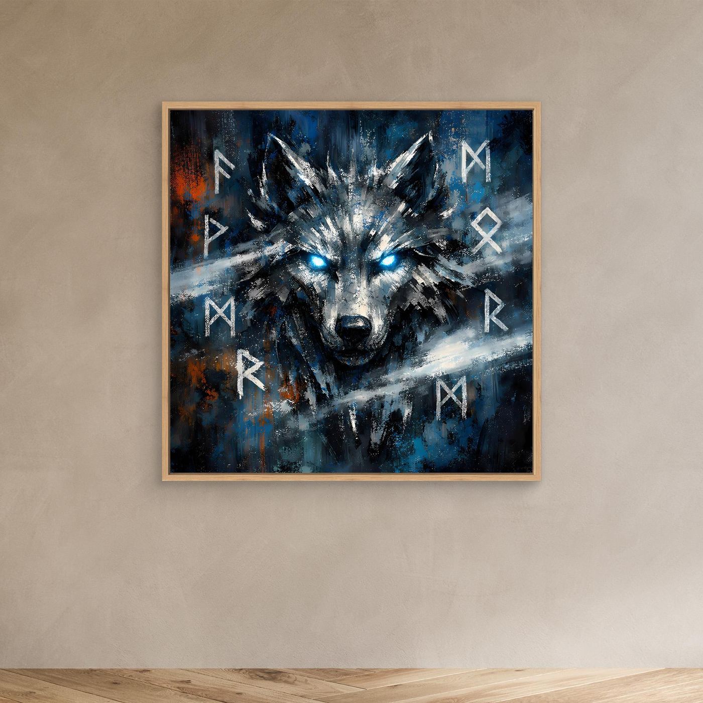 Kleines Wandbild auf Leinwand mit Fenrir-Wolfkopf, leuchtenden Augen und Runen-Zeichen; Eichenrahmen