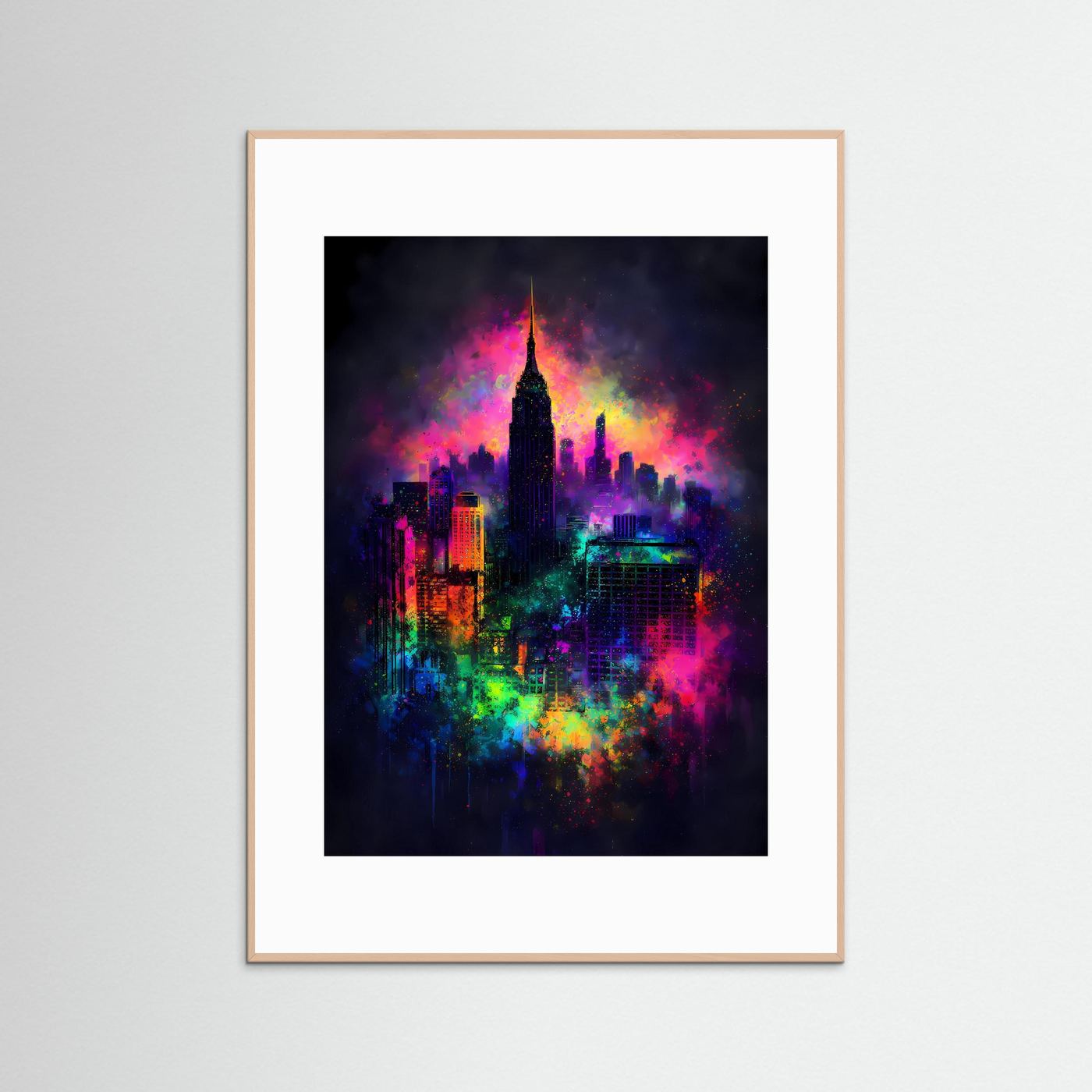 Magische Metropole | Abstraktes New York Skyline Poster in Regenbogen-Neonfarben | Modernes Kunstposter Hochformat