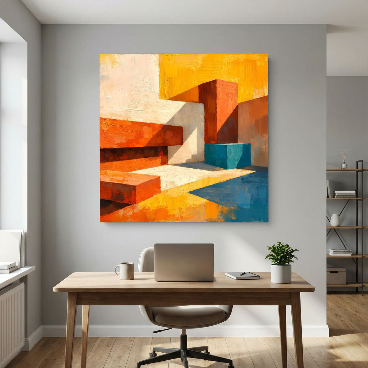 Abstraktes Leinwand-Wandbild mit klaren geometrischen Flächen in Orange, Weiß und Blau